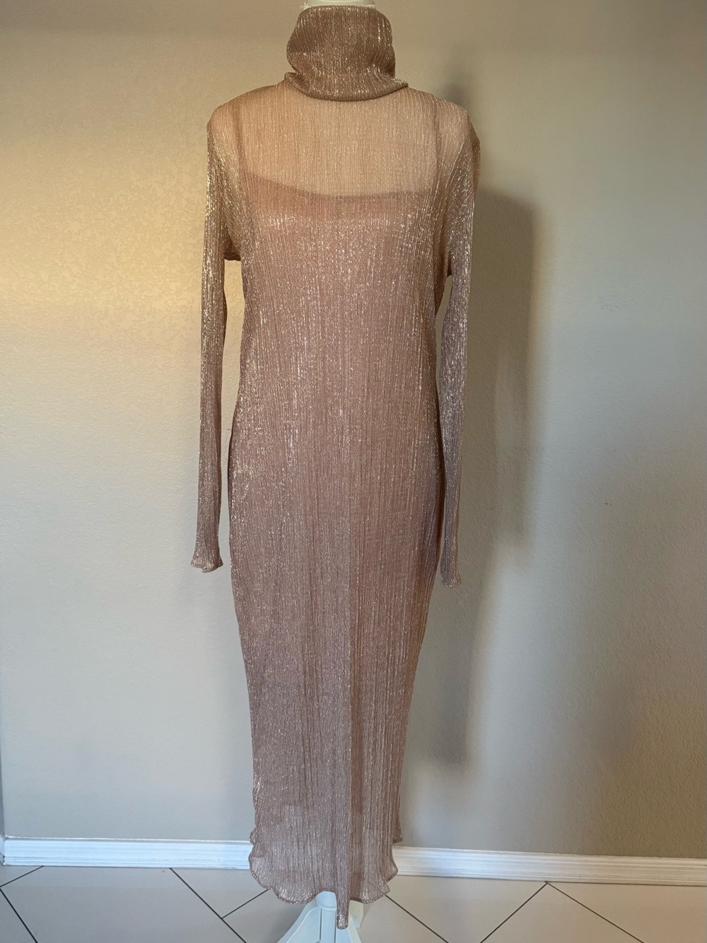 BCBG MaxAzaria Sheer Metallic Turtleneck Dress - Blush